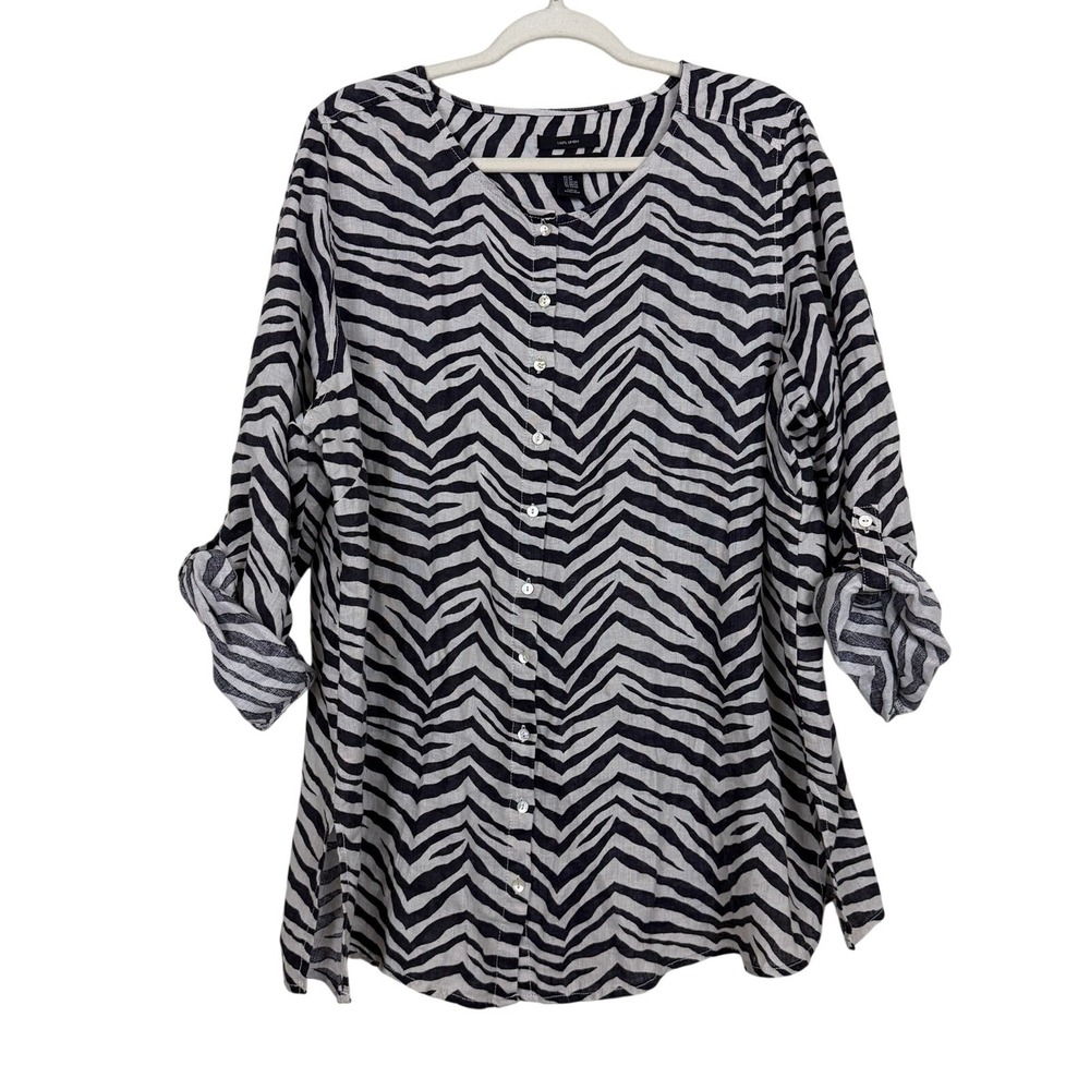 Tahari‎ Zebra Print Linen Tunic Top Sz 2X Relaxed Flowy Roll Tab Beach Summer